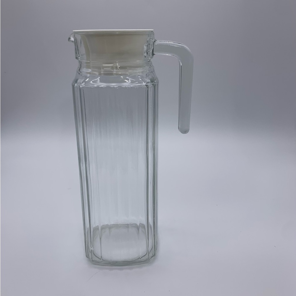 Vintage France Arc Clear Ribbed Glass Refrigerator Pitcher 2Qt W/Handle & Lid